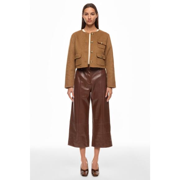 Jason Wu x RTR Pants - Woven Cropped Jacket and Faux Leather Culotte Pants Set - Brown/Tan